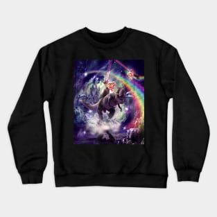 Rainbow Laser Space Cat On Dinosaur Eating Pizza Crewneck Sweatshirt